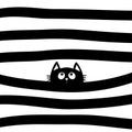 Black cat kitten face head looking up. Scandinavian pattern. Black and white abstract geometric background. Hand drawn striped