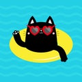 Black cat kitten floating on yellow pool float water circle. Paw print hand. Swimming pool sea ocean water. Hello Summer. Heart