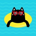 Black cat kitten floating on yellow pool float water circle. Waving hand. Swimming pool sea ocean water. Hello Summer. Heart