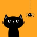 Black cat kitten. Hanging spider. Happy Halloween. Bones text font. Bone letter type. Cute cartoon kawaii character. Pet baby