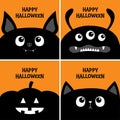 Black cat kitten head face, bat, monster, pumpkin set. Happy Halloween. Bones text font. Bone letter type. Cute cartoon pet Royalty Free Stock Photo