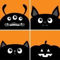 Black cat kitten head face, bat, monster, pumpkin set. Happy Halloween. Cute cartoon funny pet character. Greeting card template. Royalty Free Stock Photo