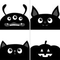 Black cat kitten head face, bat, monster, pumpkin set. Happy Halloween. Cute cartoon funny pet character. Greeting card template. Royalty Free Stock Photo