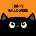 Black cat kitten head face looking up. Happy Halloween. Bones text font. Bone letter type. Cute cartoon character. Pet baby