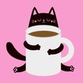 Black cat kitten holding white coffee tea cup. Good morning. Happy Valentines Day. Paws hand. Cute cartoon funny baby animal pet Royalty Free Stock Photo