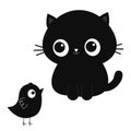 Black cat kitten looking at bird. Cute cartoon funny character. Kawaii baby pet animal. Notebook cover, tshirt, greeting card