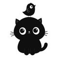 Black cat kitten silhouette Bird on head. Cute cartoon funny character. Kawaii baby pet animal. Notebook cover, tshirt, greeting