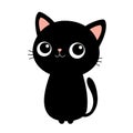 Black cat. Kitten sitting. Pink ears, nose. Cute cartoon funny character. Kawaii sad kitty baby animal. Love. Black silhouette
