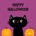 Black cat kitten. Two pumpkin set. Happy Halloween. Bones text font. Bone letter type. Cute cartoon kawaii character. Pet baby Royalty Free Stock Photo