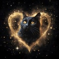 Black cat in a large golden heart around gold dust stars black background. Heart as a symbol of affecand love