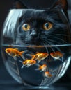 Black cat is looking at goldfish in fishbowl. A black cat staring at goldfish in fish bowl Royalty Free Stock Photo