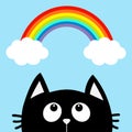 Black cat looking up to cloud and rainbow. Cute cartoon character. Valentines Day. Kawaii animal. Love Greeting card. Flat design.