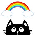 Black cat looking up to cloud and rainbow. Cute cartoon character. Valentines Day. Kawaii animal. Love Greeting card. Flat design.