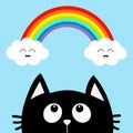 Black cat looking up to cloud and rainbow with smiling face. Cute cartoon character. Valentines Day. Kawaii animal. Love Greeting