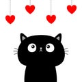 Black cat looking up to hanging red hearts. Dash line. Happy Valentines Day. Heart set. Cute cartoon character. Kawaii animal. Royalty Free Stock Photo