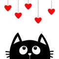 Black cat looking up to hanging red hearts. Dash line. Heart set Cute cartoon character. Kawaii animal. Love Greeting card. Happy Royalty Free Stock Photo