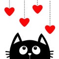 Black cat looking up to hanging red hearts. Dash line. Heart set Cute cartoon character. Valentines Day. Kawaii animal. Love Greet Royalty Free Stock Photo