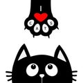 Black cat looking up to paw print with red heart. I love cats text. Cute cartoon funny character. Kawaii animal. Love Greeting car