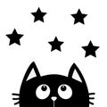 Black Cat Looking Up To Star Shape. I Love Cats. Cute Cartoon Funny Character. Kawaii Animal. Love Greeting Card. Flat Design Styl