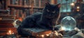 Black cat lounging on ancient books with a crystal ball. Mystical library setting with lit candle. Concept of mysticism Royalty Free Stock Photo