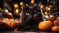 A black cat lying next to two pumpkins Royalty Free Stock Photo