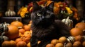 A black cat lying on a pile of pumpkins in dark and spooky halloween night Royalty Free Stock Photo