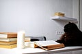 Black cat lying on a white table next to the books. The cat is reading a book, next to a candle Royalty Free Stock Photo