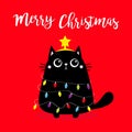 Black cat Merry Christmas fir tree shape. Garland lights bulb string. Kitty kitten sitting. Funny Kawaii animal. Kids print. Cute