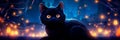 black cat with mesmerizing, glowing eyes set against the backdrop of a crescent moon and twinkling stars.