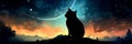 black cat with mesmerizing, glowing eyes set against the backdrop of a crescent moon and twinkling stars.