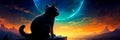 black cat with mesmerizing, glowing eyes set against the backdrop of a crescent moon and twinkling stars.