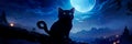 black cat with mesmerizing, glowing eyes set against the backdrop of a crescent moon and twinkling stars.