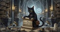 Black Cat Wearing Monocle Reads Scroll in Spooky Library with Hourglasses feline Royalty Free Stock Photo