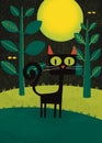 Black cat at moon night for Halloween card. Scary spooky magic animal in dark forest