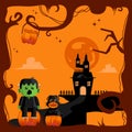 Black cat and moster halloween sitting on pumpkin