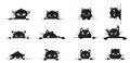 Black cat peeking, spy cats pets from corner. Creative kitty graphic silhouettes with big eyes. Peek kittens, looking Royalty Free Stock Photo