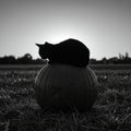 A black cat perches on a large pumpkin in a field at sunset, creating a silhouette effect. The Royalty Free Stock Photo