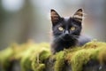 black cat with piercing eyes perched on a mossy stone wall