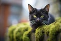 black cat with piercing eyes perched on a mossy stone wall