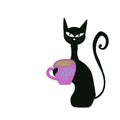 Black cat with pink cup of coffee on white background isolated. Postcard, print, mug, stationery, kids design Royalty Free Stock Photo