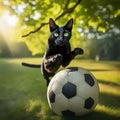 A black cat is playing with a football. close-up view Royalty Free Stock Photo