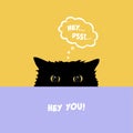 Black cat playing Hide and Seek. Cute cat with yellow eyes peeking over table. Flat illustration with comic dialog cloud. Royalty Free Stock Photo