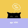 Black cat playing Hide and Seek. Cute cat with yellow eyes peeking over table. Flat illustration with comic dialog cloud.