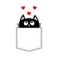 Black cat in the pocket looking up to three red heart set. T-shirt design. Cute cartoon character. Kawaii animal. Love Greeting ca Royalty Free Stock Photo