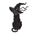 Black cat with pointy witch hat line art and dot work. Wiccan familiar spirit, halloween or pagan witchcraft theme tapestry print Royalty Free Stock Photo