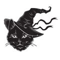 Black cat with pointy witch hat line art and dot work. Wiccan familiar spirit, halloween or pagan witchcraft theme tapestry print