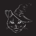 Black cat with pointy witch hat line art and dot work. Wiccan familiar spirit, halloween or pagan witchcraft theme tapestry print Royalty Free Stock Photo