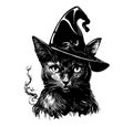 Black cat with pointy witch hat line art and dot work. Royalty Free Stock Photo