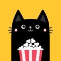 Black cat and popcorn box. Cute cartoon funny character. Cinema theater. Film show. Kitten watching movie. Kids print for tshirt Royalty Free Stock Photo