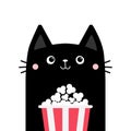 Black cat and popcorn box. Cute cartoon funny character. Cinema theater. Film show. Kitten watching movie. Kids print for tshirt Royalty Free Stock Photo